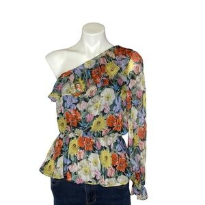 AAKAA Floral One Shoulder Blouse Peplum Ruffle Long Sleeve NWT Women’s Medium